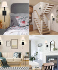 Slim Wall Sconce Set Of 2 With White Fabric Shades In Black Finish, Hardwired Indoor Wall Lamps in bedroom, stairway, living room settings