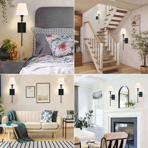 Slim Wall Sconce Set Of 2 With White Fabric Shades In Black Finish, Hardwired Indoor Wall Lamps in bedroom, stairway, living room settings