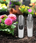 Two Piece Stainless Steel Garden Shovel And Soil Sifter Set Portable Dirt Scoop For Bonsai And Vegetable Gardening next to pink flowers