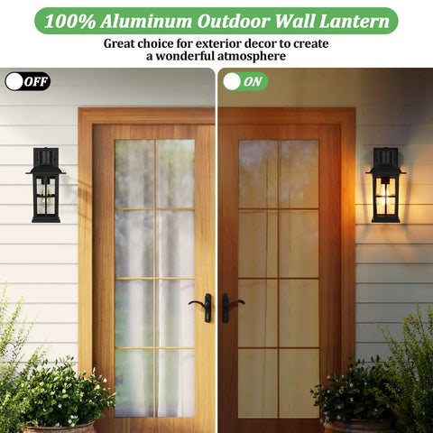 13 Inch Outdoor Wall Lights Two Pack Heavy Duty Matte Black Aluminum Exterior Sconce Fixtures For House Walls Porch Entryway Garage No Fuss Weatherproof With Clear Glass Panels, on and off next to doorway