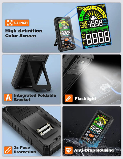 True RMS 10000 Counts Digital Multimeter With Rechargeable Battery, Auto-Ranging Meter showcased with features like foldable stand