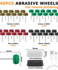 All In One Cordless Polishing Kit with 40 abrasive wheels for coarse polishing in four colors with USB-C charger visible