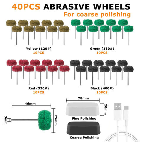 All In One Cordless Polishing Kit with 40 abrasive wheels for coarse polishing in four colors with USB-C charger visible