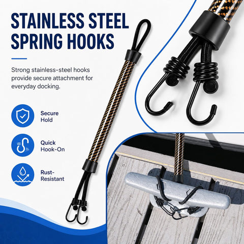 2-Pack Bungee Dock Line For Xpress H22B Boat Bungee Snubber Mooring Cord with stainless steel hooks attached to dock