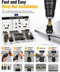 Rivet Nut Tool Kit for Carbon Steel M3 Through M8 with Drill Adapter and 5 Mandrel Heads plus Cr-Mo Steel Hex Drivers, All-In-One Rivet Nut Installation Set for Fast, Pro-Grade Repairs and Projects. Kit with M3-M8 heads, drill