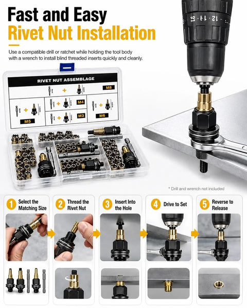 Rivet Nut Tool Kit for Carbon Steel M3 Through M8 with Drill Adapter and 5 Mandrel Heads plus Cr-Mo Steel Hex Drivers, All-In-One Rivet Nut Installation Set for Fast, Pro-Grade Repairs and Projects. Kit with M3-M8 heads, drill