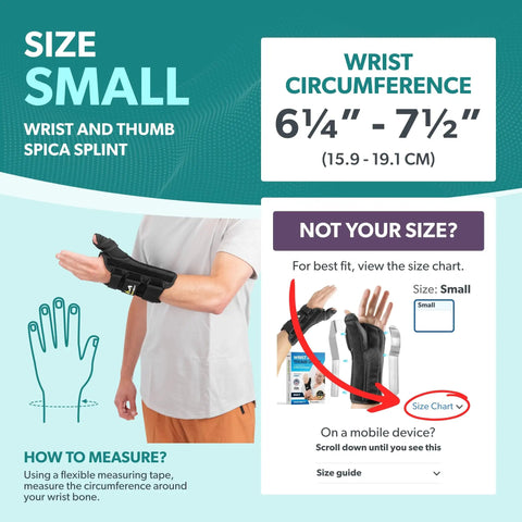 Size chart for Wrist and Thumb Spica Splint for De Quervains Tenosynovitis and Tendonitis Pain Relief showing small size.