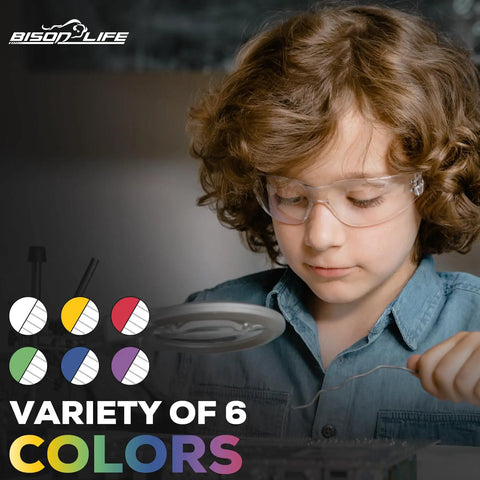 Assorted Color Kids Safety Glasses 12 Pack Over Glasses Design With Ansi Z87 Rating For Youth Providing Soft Tr90 Frames worn by a child.