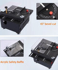 Compact Mini Table Saw For Sharp Wood And Acrylic Cuts Portable Desktop Electric Craft Tool showing 45° bevel cut feature and acrylic safety baffle.