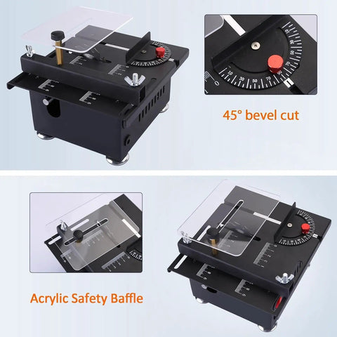 Compact Mini Table Saw For Sharp Wood And Acrylic Cuts Portable Desktop Electric Craft Tool showing 45° bevel cut feature and acrylic safety baffle.