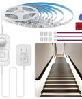 Motion Sensor Indoor LED Strip Lights Plug In With 16.4 Foot Run 6000K Cold White Dimmer Timer And Multi Functional Controller UL FCC Adapter For Stairways Cabinets Hallways Bathrooms Kitchens And More showing strip, controller, and lit staircase.