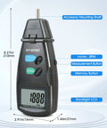 No Sweat Heavy Duty 2 In 1 Digital Rpm Tachometer Gauge Featuring Laser Photo Sensor And Physical Probe For Fast Engine HVAC Motor And Drone Shaft Speed Readouts on a gray background.