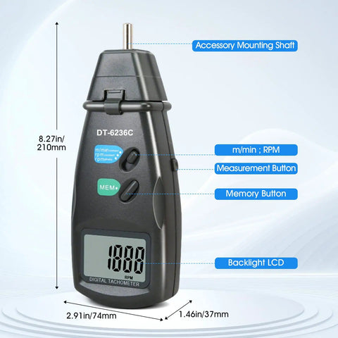 No Sweat Heavy Duty 2 In 1 Digital Rpm Tachometer Gauge Featuring Laser Photo Sensor And Physical Probe For Fast Engine HVAC Motor And Drone Shaft Speed Readouts on a gray background.