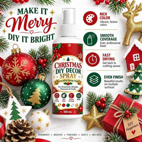 Christmas DIY Decor Spray Paint, Black Holiday Craft Mist for Ornaments on a festive background with ornaments and pinecones.