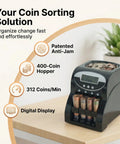 No Sweat Heavy Duty Coin Counter And Auto Wrapper Machine With Rapid 312 Coins Per Minute Pace And Roomy 400 Coin Hopper.