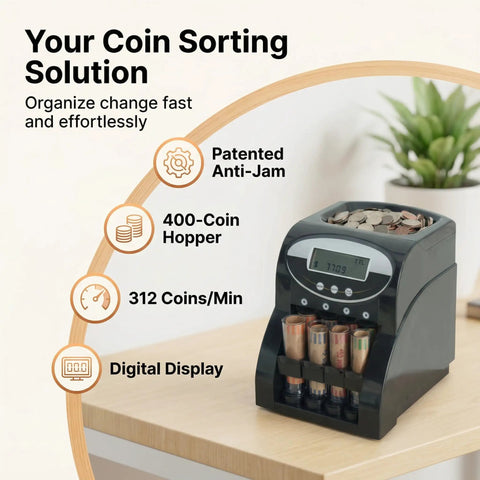 No Sweat Heavy Duty Coin Counter And Auto Wrapper Machine With Rapid 312 Coins Per Minute Pace And Roomy 400 Coin Hopper.