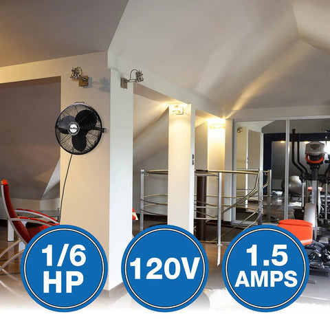 Beefy 18 Inch High Velocity Multi Mount Industrial Fan installed on wall in gym, showcasing power and design.
