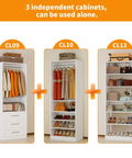 Heavy Duty Top Shelf Modular Closet Organizer System With Three Roomy Drawers And Eleven Big Shelves Plus Five Reliable Hanging Rods For Walk In Wardrobe Upgrades In Clean White, showing three independent cabinets with various storage.