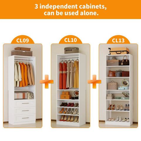 Heavy Duty Top Shelf Modular Closet Organizer System With Three Roomy Drawers And Eleven Big Shelves Plus Five Reliable Hanging Rods For Walk In Wardrobe Upgrades In Clean White, showing three independent cabinets with various storage.