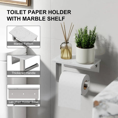 Rock Solid Brushed Nickel Toilet Paper Holder With Real Marble Shelf Wall Mount Tissue Dispenser for bathroom essentials.