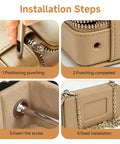 Installation steps for Gold D Ring Hardware Kit For Purse Straps With 360 Rotatable D Rings and tools on a beige bag