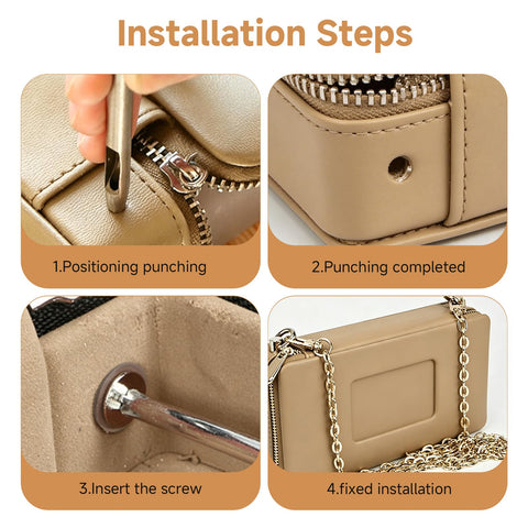 Installation steps for Gold D Ring Hardware Kit For Purse Straps With 360 Rotatable D Rings and tools on a beige bag