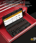 Beefy 37-Piece Torx Bit Socket Set With Three Drive Sizes displayed in red tool chest, premium CR-V steel material.