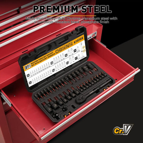 Beefy 37-Piece Torx Bit Socket Set With Three Drive Sizes displayed in red tool chest, premium CR-V steel material.