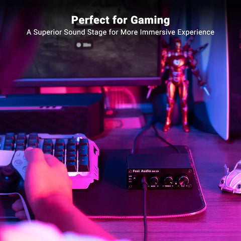 Q4 DAC Headphone Amp For PC And Home Audio Setup With USB Optical Coaxial Inputs, 3.5mm Headphone Output And RCA Speaker Outputs, Plug And Play Desktop Digital To Analog Converter For Richer Music, Gaming, And Movies, on gaming desk