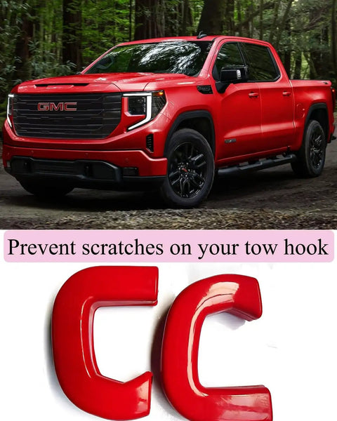GMC Sierra 1500 Red Tow Hook Covers Set for 2019 2020 2021 2022 2023 2024 2025 shown with bold truck and covers detail