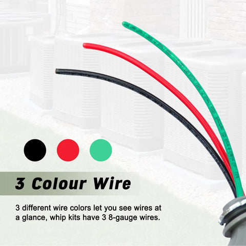 Non Metallic Liquid Tight Conduit Whip Kit 6Ft Coded Cable 8Awg 3Conductor Copper Wire with black, red, green wires visible.