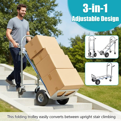 3 In 1 Heavy Duty Aluminum Hand Truck Cart With 550 Lb Capacity, Converts From Upright Stair Climb To Four Wheel Tilt, And Flat Platform Dolly For Appliances, Furniture, And Luggage, Folding Convenience. man using stair-climb mode on steps with boxes