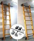 Badass Slick Rolling Stair Slide Track Kit for Barn Doors Round Tube Hardware Set for Lofts and Libraries With Smooth 13 Foot Extension Rails and Tight Indoor Glide Setup, showing wooden ladder with pulleys.