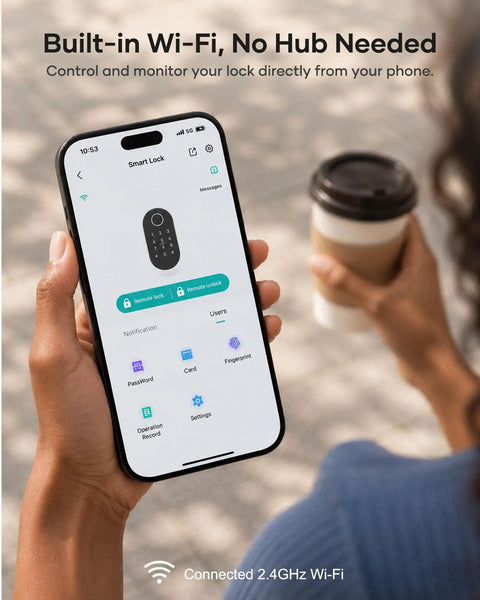 Hassle Free Wifi Smart Front Door Lock Kit With Keyless Entry Deadbolt Handle Smart App Control showing mobile app interface.
