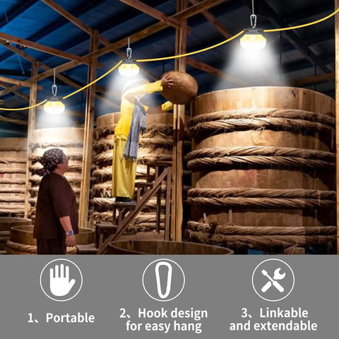 LED Construction String Lights 50FT, 5x50W Units illuminating indoor workspace with workers. IP65 Waterproof, durable housing.