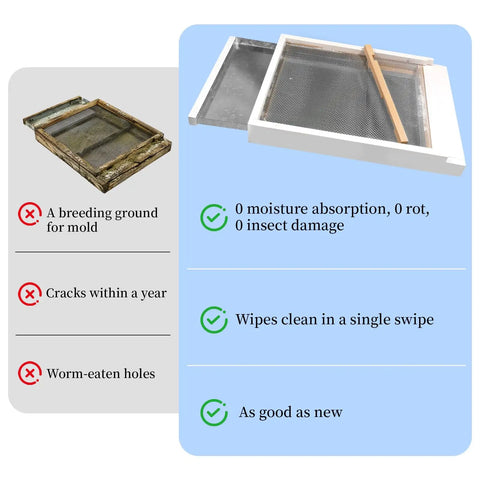 Comparison of old wood and new Two Pack Cedar Screened Bottom Boards For 8 Frame Langstroth Beehives With Metal Insert And Painted Finish