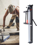 Heavy Duty All Steel Manual Tile Cutter With Self Service Oil System And Easy Glide Wheels For Dead On Straight Cuts Across Ceramic Up To 1200 Millimeters in use during tile installation.