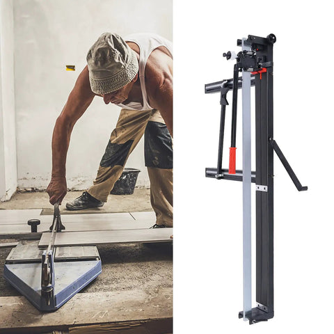 Heavy Duty All Steel Manual Tile Cutter With Self Service Oil System And Easy Glide Wheels For Dead On Straight Cuts Across Ceramic Up To 1200 Millimeters in use during tile installation.