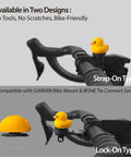 Yellow duck bike ornament strap-on type on handlebars, shown in comparison with lock-on type, no tools needed, bike-friendly.