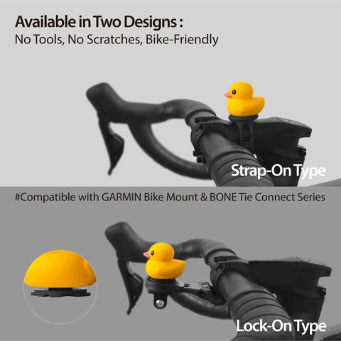 Yellow duck bike ornament strap-on type on handlebars, shown in comparison with lock-on type, no tools needed, bike-friendly.