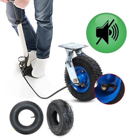 Heavy Duty Swivel Caster Wheels With Inflatable Rubber Tires Smooth Rolling Industrial Cart Casters Built Badass For Heavy Lifting showing 10 inch pneumatic wheel inflating.