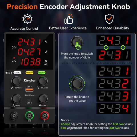 Pro Grade Adjustable Bench Power Supply 30V 10A With Switching Regulated Output showing precision encoder knob and display