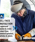 Advantage Face Shield With Crown And Ratchet Headgear for Work Grinding Cutting, ANSI Z87.1 Protection, clear polycarbonate, in use.