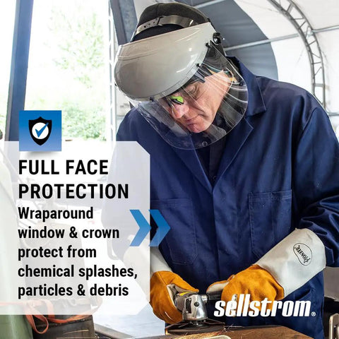 Advantage Face Shield With Crown And Ratchet Headgear for Work Grinding Cutting, ANSI Z87.1 Protection, clear polycarbonate, in use.