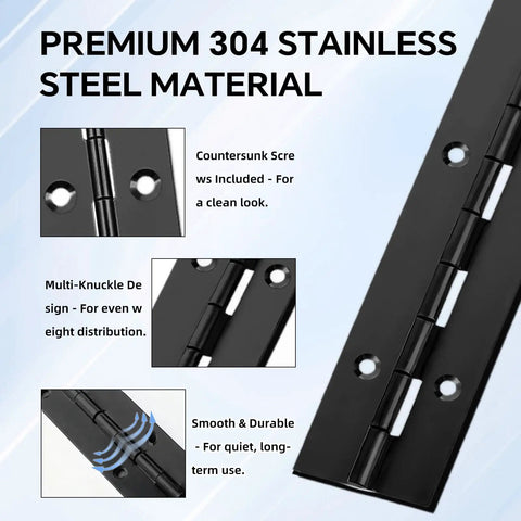 Close-up of 4 Pack 12 Inch Continuous Piano Hinges Heavy Duty Rust Resistant 304 Stainless Steel showing countersunk screw design.