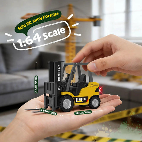 Person holding Mini RC Forklift 1 to 64 Scale Alloy Toy With App Programmable Path And Bluetooth Remote Control in hand
