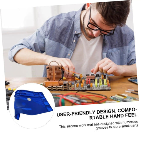 Person using Insulated Magnetic Work Mat For Electronics Repair, Antistatic Soldering Pad; blue heat resistant surface visible