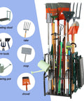 Heavy Duty Free Standing Garden Tool Organizer Rack For Garage Corner Storage And Shed Organization with tools displayed