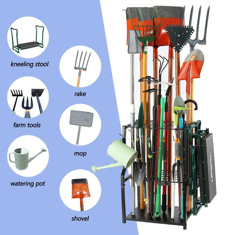 Heavy Duty Free Standing Garden Tool Organizer Rack For Garage Corner Storage And Shed Organization with tools displayed