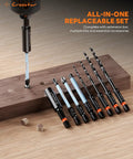 All In One Countersink Drill Bit Set With Wood Plug Cutter And Stop Rings For Pros And DIYers Crosstar 18 Piece Kit on wood surface
